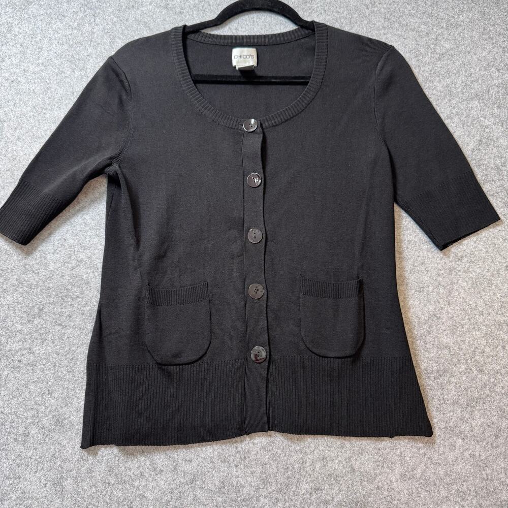 Chico's Size 0 Black Knit Cardigan Sweater 3/4 Sleeve Button Front Pockets